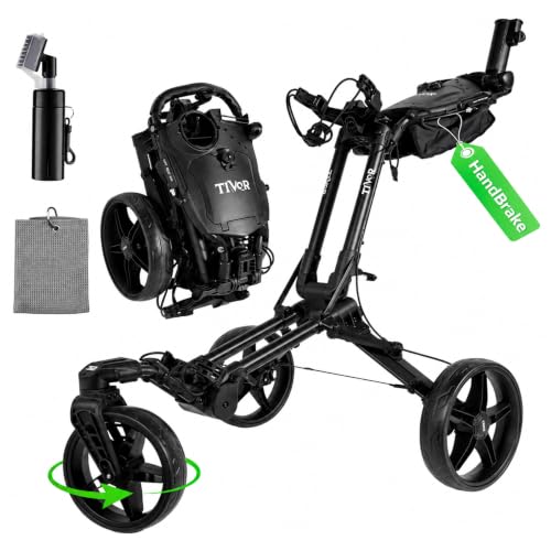Tivor Golf Push Cart with 360° Front Wheels & Handbrake, 3 Wheel Pull Cart Offers One-Click Folding and All-Terrain Mobility