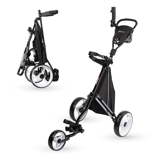 PRECISE Cruiser 3-Wheel Golf Push Cart with Foot Brake & Stabilizer Rods – Folding Golf Trolley, Ergonomic Handle, Detachable Storage Bag, Scorecard & Cup Holder