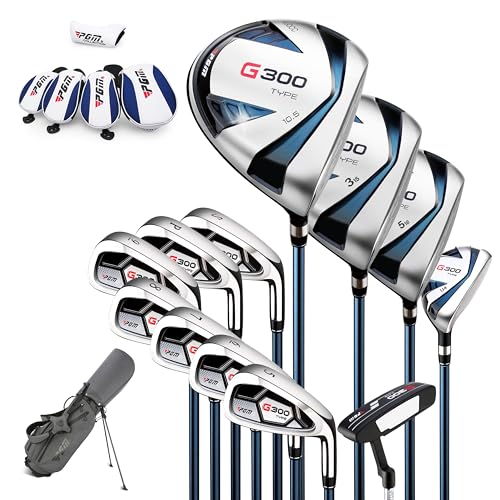 PGM Men’s Complete Golf Club Set – Titanium Driver, Draw-Biased Hybrid, High-Strength Irons, Forgiving Putter, Stand Bag with 5 Headcovers